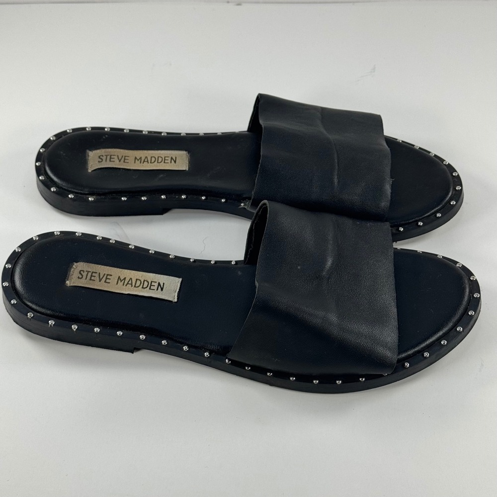 Steve Madden Black Leather Studded Flat Slide Sandals Womens Size 6.5